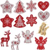 Merkloos / Sans marque Dailygoods- Kerstboomversiering 12 Stuks - Houten Decoratie - Dennensieraad met Jute Koord - DIY Knutselen - 6,5-8 cm Grootte - Rood/Wit - Kerstdecoratie