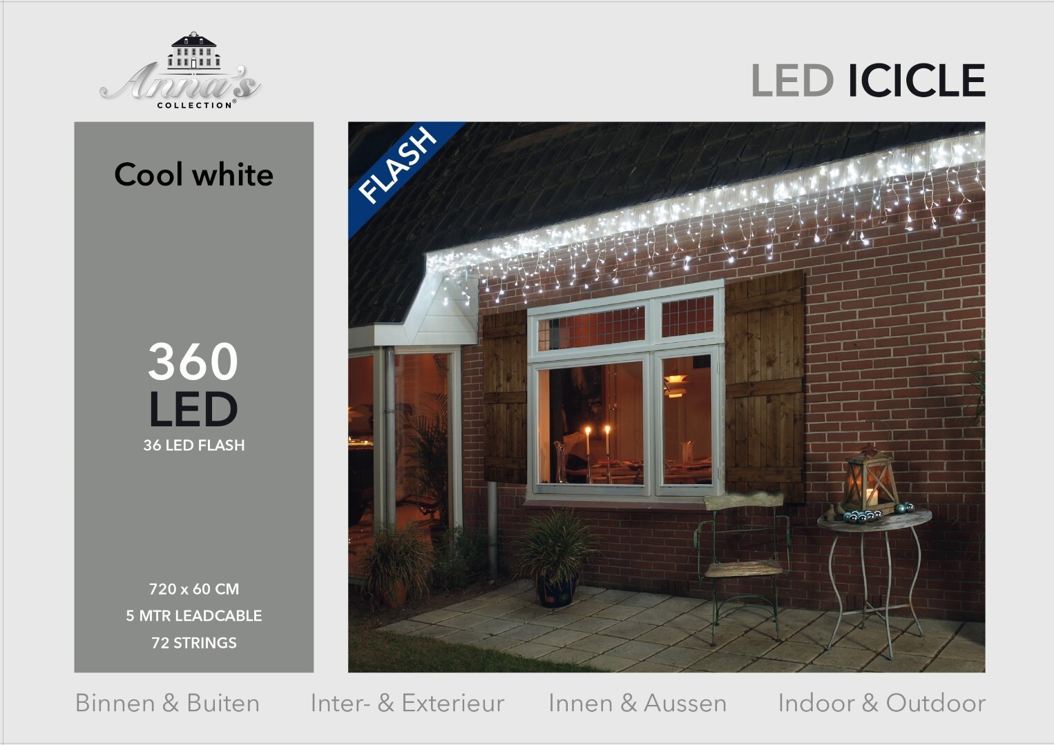 Anna's Collection Icicle lights 360l/720x60cm 36l flash led wit - 5m aanloopsnoer transparant - 31v/ip44