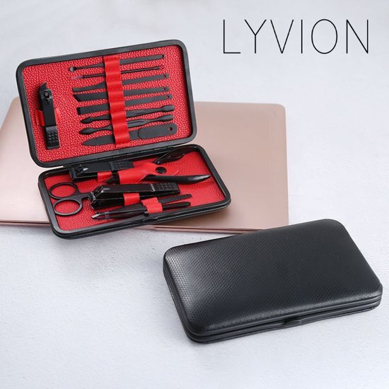 LYVION for men manicureset met reisetui / Luxe 15-delige manicureset voor hem / Hand, voet en gezichtsverzorging - Zwart