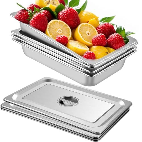 VEVOR Gastronormcontainer, 4 stuks, voedselcontainers met deksel, 53,7 x 33 x 9,5 cm, antiaanbakborden, commerciële warmhoudcontainer voor gerechten, taarten, ovenschotels