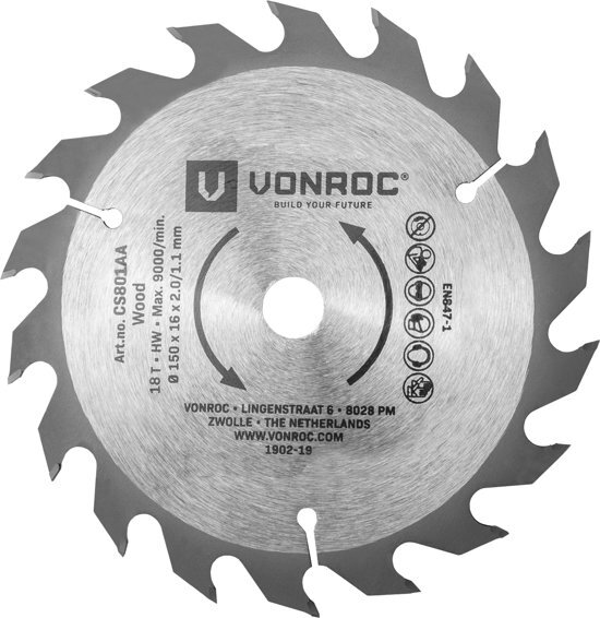 VONROC Cirkelzaagblad 150 x 16 x 2.0/1.1mm - 18 tanden â€“ geschikt voor hout - universeel
