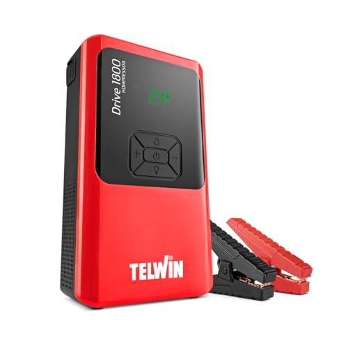 Telwin Drive 1800 Compressor 12 V, draagbaar, ultracompact, multifunctioneel, lithium, voor auto's, motorfietsen, boten met geïntegreerde compressor, powerbank en ledlicht, 1800 A