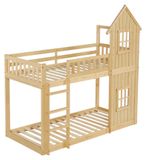 StarTech Kinderbed met twee niveaus - Speelhuisbed - 90 x 200 cm - 2 ramen - Beschermingsreling rondom - Trap met 3 treden - Natuurlijk hout - Matras niet inbegrepen