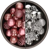 Bellatio Decorations Shoppartners Bv 74x stuks kunststof kerstballen mix van velvet roze en zilver 6 cm
