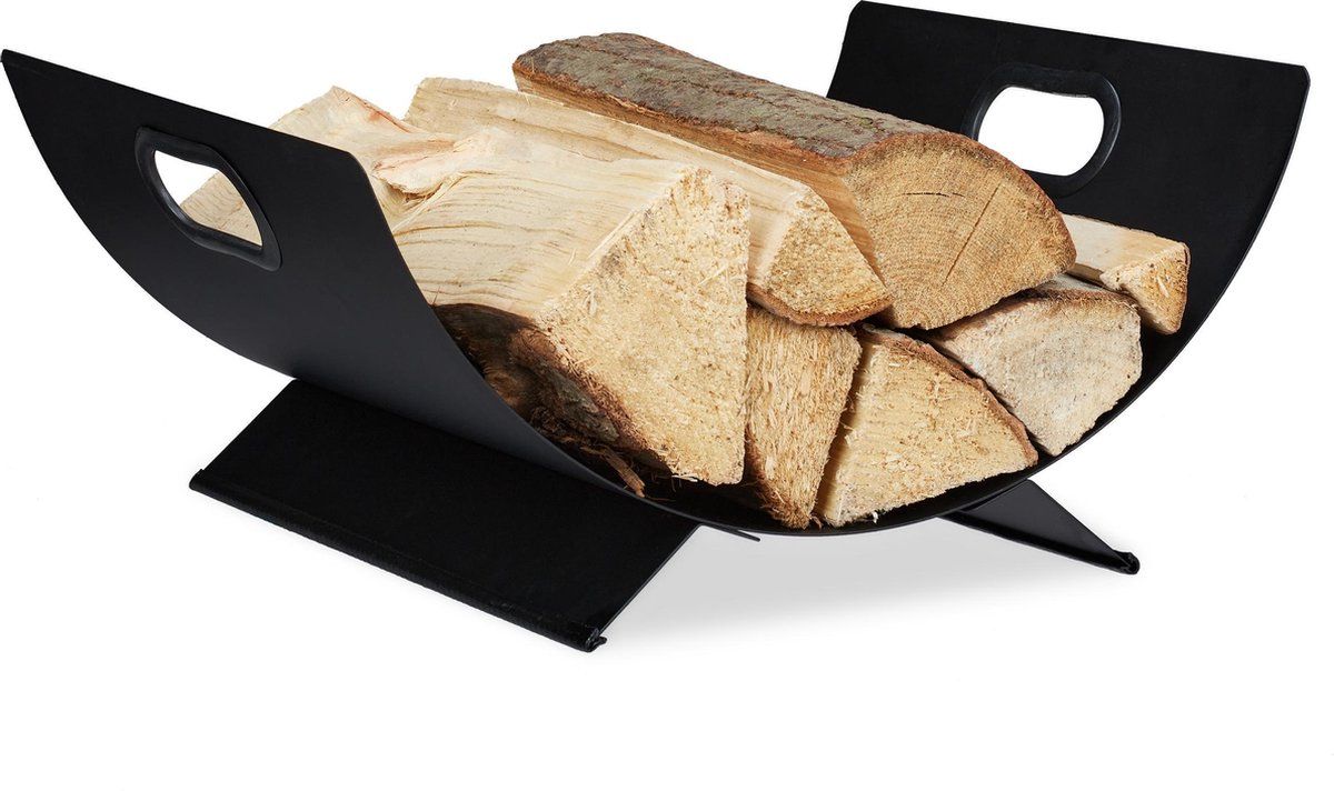 Relaxdays houtmand haardhout metaal - houtopslag voor binnen - mand brandhout - zwart | KLIMAAT