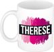 Bellatio Decorations Shoppartners Bv Therese naam cadeau koffie mok - beker - met roze verfstrepen - Cadeau collega - moederdag - verjaardag - juf - coach - 300 ml - wit