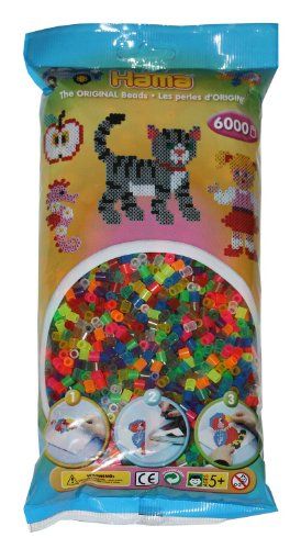 Hama Perlen 205-80 strijkkralen zak met ca. 6.000 kleurrijke midi knutselkralen in neon transparante mix