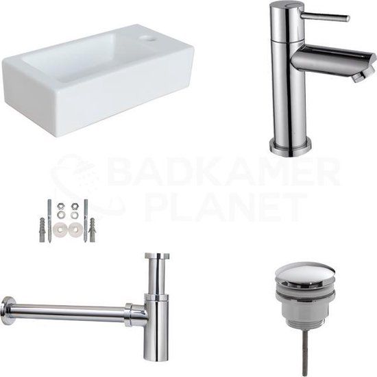 Sani Royal Aquino Mini - Keramische Fonteinset met Kraan, Afvoer en Sifon - 36.5x18x9 cm - Wit/Chroom