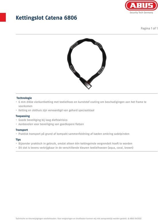 Abus 6806K Kettingslot - 85cm - Aqua - Blauw - Geen ART-keurmerk