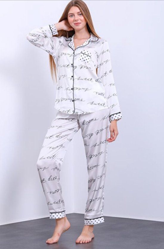 Satijn Dames Pyjamaset - Witte Sweet Dreams - Maat M