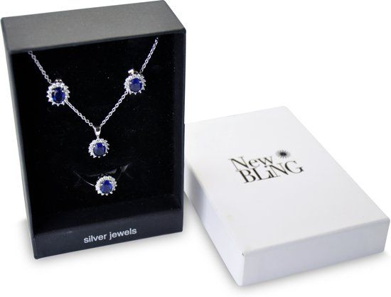 New Bling Panda New Bling Gift Set 9NB SET009 60 Sieraden Geschenkset - Zilveren Oorbellen 6x8 mm Collier 40+5 cm Ring maat 60 - Solitair Zirkonia steen - Zilverkleurig / Blauw