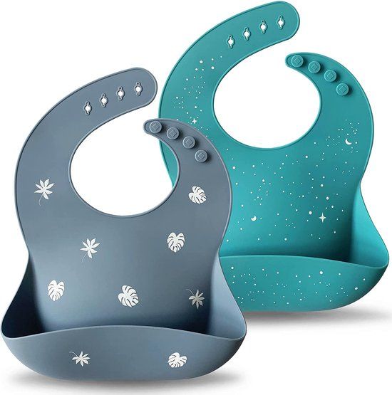 Moonkie Babyslabbetjes, set van 2, siliconen, BPA-vrij, waterdicht, verstelbaar, groenblauw