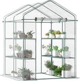 Outsunny Serre de jardin avec étagères 3 niveaux, serre de balcon, bâche renforcée, châssis en acier, porte zippée enroulable, pour légumes plantes fleurs, intérieur et extérieur, 143x143x195cm, vert