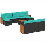 vidaXL 11-delige tuinbankset met kussens, zwart, polyrotan