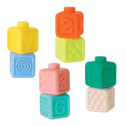 Infantino Squeeze & Stack zachte blokken set, 8 Kleurrijke, getextureerde Zachte Blokken, met Cijfers en Sensorische texturen, vanaf 6 Maanden