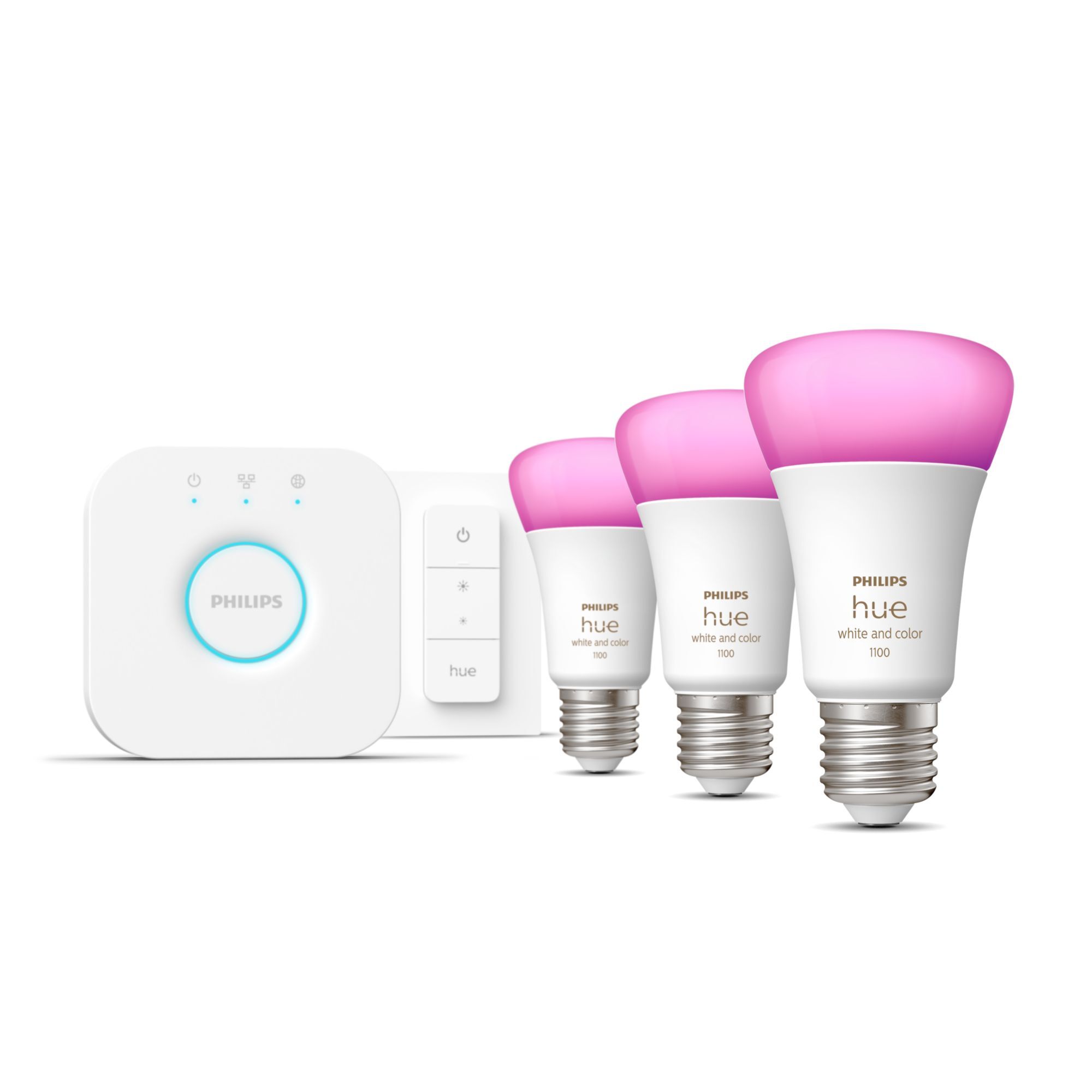 Philips Hue White and Color ambiance Starterkit: 3 E27 slimme lampen (1100) + dimmer switch