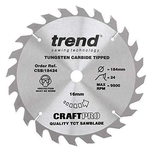 TREND Trend CraftPro TCT cirkelzaagblad voor algemeen gebruik, 184 mm x 24 tanden x 16 mm asgat, wolfraamcarbide getipt, CSB/18424