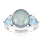 Cavill - 925 Sterling Zilver Ring met 10mm Tahiti Parel & 1.52 ct Blauwe Triljant Topaas