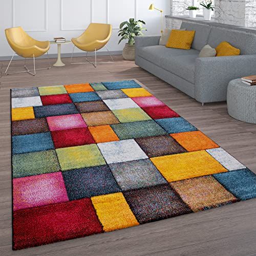 Paco Home Laagpolig Vloerkleed Woonkamer Meerkleurig Ruit Ontwerp Vierkanten Meerkleurig Kleurrijk, Maat:240x330 cm