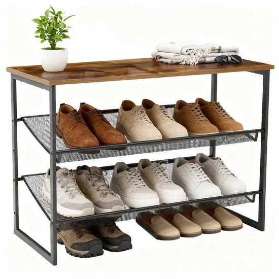 Brixy Schoenenrek - Industrieel - Hout - Metaal - 64x30x52cm - Vintage - Schoenenkast - Bruin/Zwart