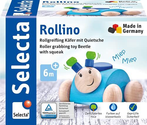 Selecta Rollino, blauw, grijpling met piep van hout, 7,5 cm