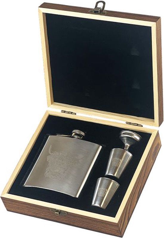 MoodCompanyNL Heupfles Schotse Hooglander - Luxe Set - RVS - Gegraveerd - Selbraehouse Scotland