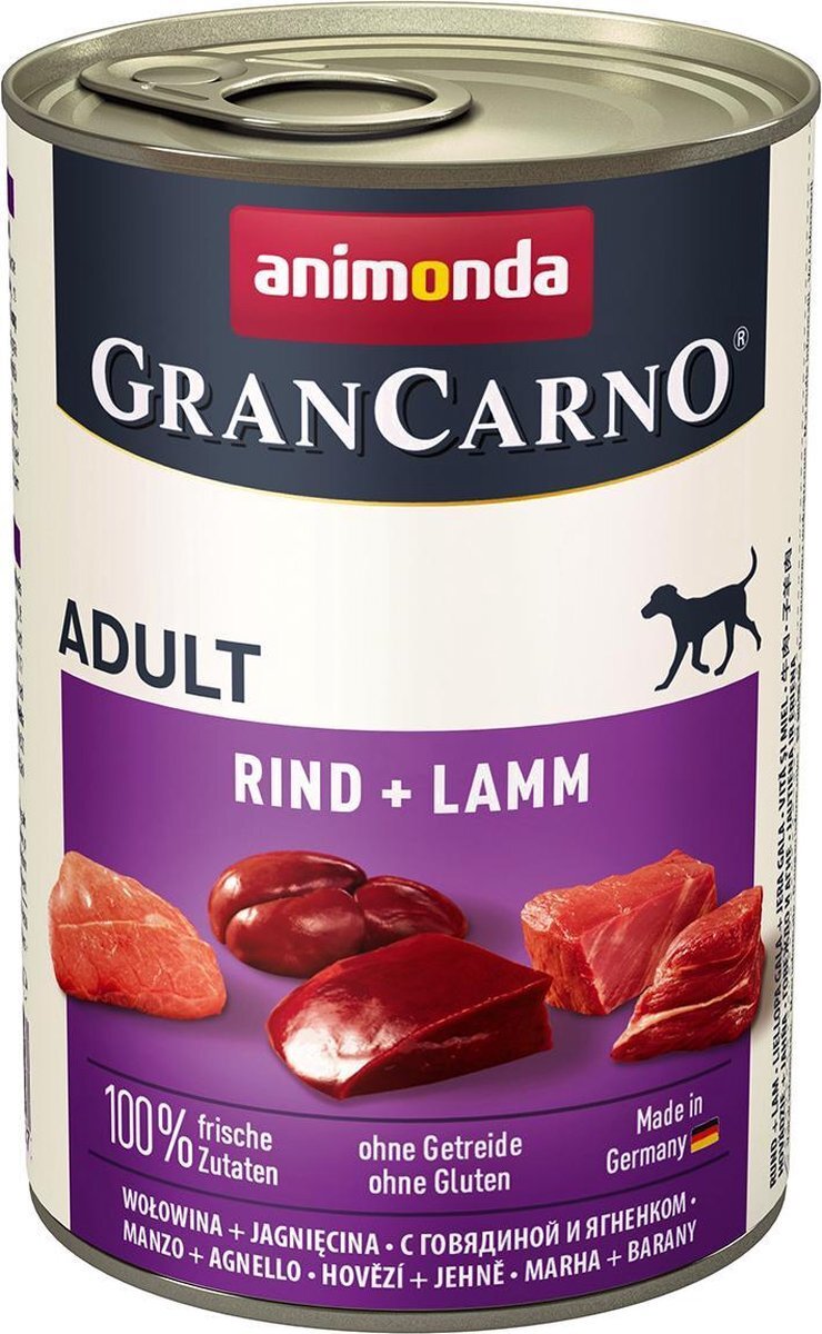 Animonda GranCarno volwassen hondenvoer, natvoer voor volwassen honden, rundvlees + lam, 6 x 400 g