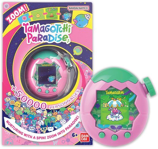 Bandai - Tamagotchi Paradise Earth - Virtueel dier om op te voeden - Tamagotchi met zoomwiel - Interactief speelgoed in het Engels - Roze en groene aarde model - Kinderspeelgoed 6 jaar en + - 43421