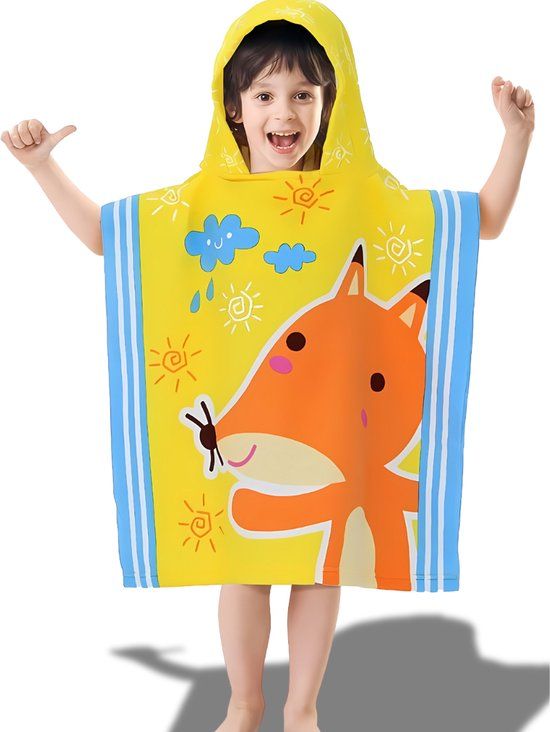 BoefieBoef Baby Badcape - Kinder Badponcho - Microfiber Kleuter Badjas Met Capuchon - 60x90cm - Vos Geel