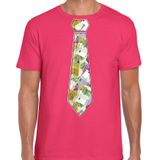 Bellatio Decorations T-shirt voor heren - Geld stropdas - Roze - Verjaardag - Maat XL