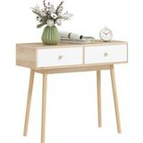 Table console avec 2 tiroirs et pieds en bois, pour salon, entrée, couloir, 86 x 35 x 75 cm, chêne et blanc