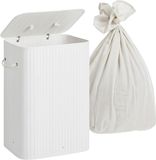 Relaxdays wasmand met deksel, bamboe, 80 l, opvouwbaar, 60x40x30 cm, wit