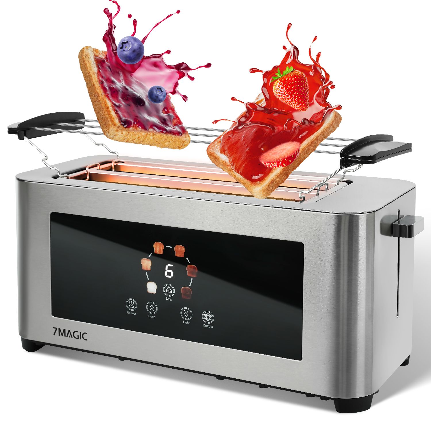 7MAGIC Broodrooster 1400 W, roestvrijstalen broodrooster, LCD-aanraakscherm, 2 brede toastslots, 4 sneetjes, 7 brouwniveaus, broodjeshouder