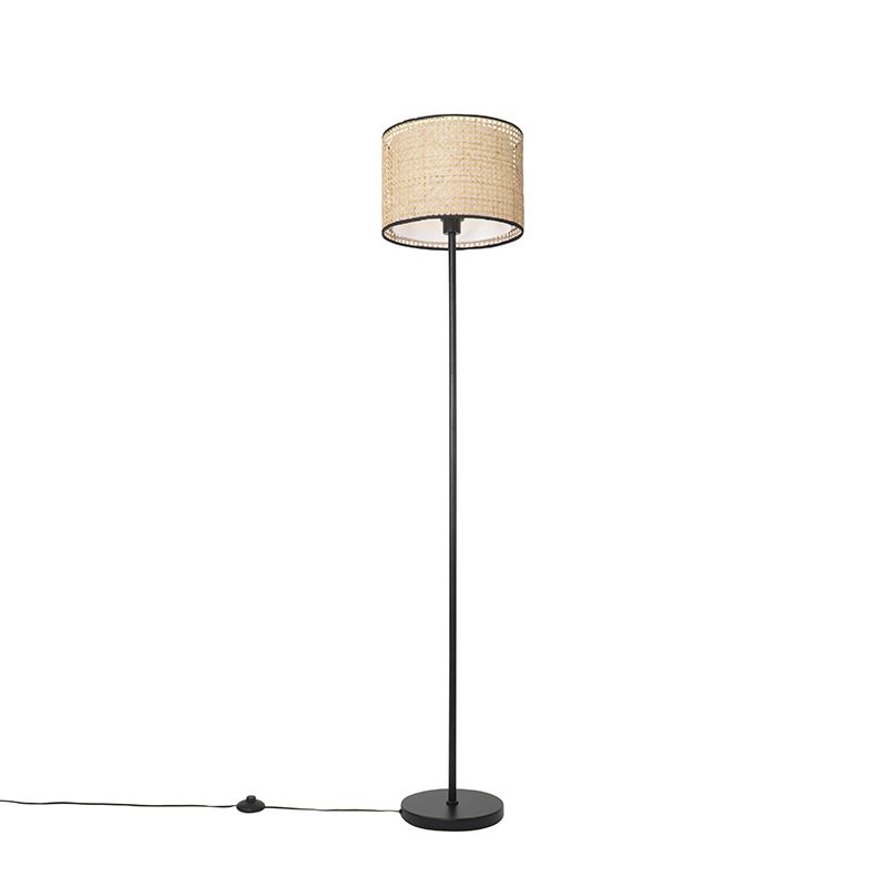 QAZQA Kata - Landelijke Vloerlamp Zwart met Rotan Kap - H 165 cm