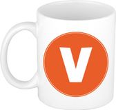 Bellatio Decorations Shoppartners Bv Koffie mok met de letter V - beker - oranje - wit - 300 ml
