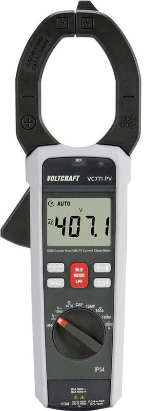 Voltcraft VC771 PV Stroomtang Digitaal Datalogger, Incl. tas, Spatdicht (IP54) CAT III 1500 V, CAT IV 1000 V Weergave (counts): 6000