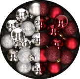 Merkloos / Sans marque Kaemingk B.V. 28x stuks kleine kunststof kerstballen bordeaux rood en zilver 3 cm