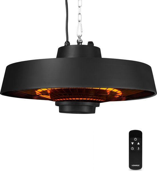 VONROC Sfeervolle terrasverwarmer hangend – Vulcano 2000W – Krachtige infraroodlamp – met 2 warmteniveau’s, timer en afstandsbediening