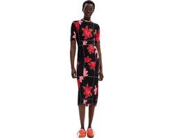 Desigual Gebloemde Coltrui Jurk - Korte Mouw - Kniehoogte - Maat L - Vrouwen - Rood
