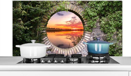 KitchenYeah Spatscherm keuken 120x60 cm - Kookplaat achterwand Zee - Zonsondergang - Doorkijk - Muurbeschermer - Aluminium
