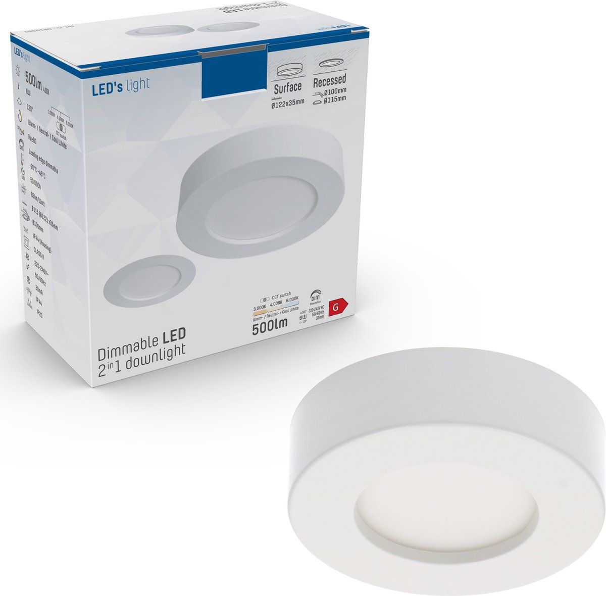 Proventa Proventa® Inbouw/Opbouw LED Plafondspot CCT Ø 10 cm - Dimbaar - warm en koud wit - Wit