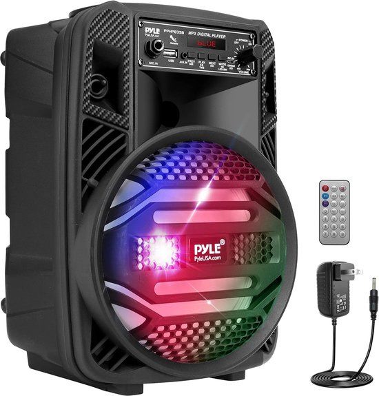 Pyle Speaker, Draagbare Bluetooth Luidspreker, Oplaadbare PA Systeem, 300W, Microfooningang, Radio, USB, MP3, Inclusief Afstandsbediening en Stroomadapter, Met DJ-Lichten, Zwart