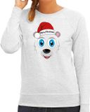 Bellatio Decorations Foute Kersttrui/Sweater Dames - IJsbeer Gezicht - Lichtgrijs - Merry Christmas XL