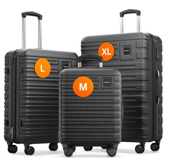 Travely Polycarbonaat kofferset - 3-delige kofferset, XL + L + M, Zwart
