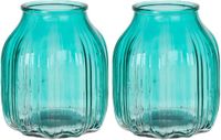 Bellatio Design Vase - 2x - turquoise bleu transparent verre - D14 x H16 cm - vase