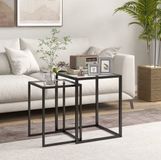 OKWISH Table d'appoint Set de 2 Carré Moderne Tables gigognes Noir avec plateau en verre trempé et cadre en acier 42 x 42 x 51 cm