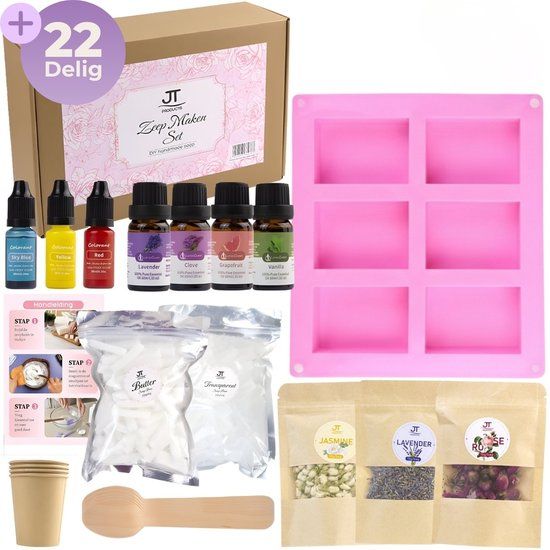 JT Products Zeep Maken Pakket 22 Delig – Voor Volwassenen en Kinderen – 500 Gram Gietzeep – Zeep Mal