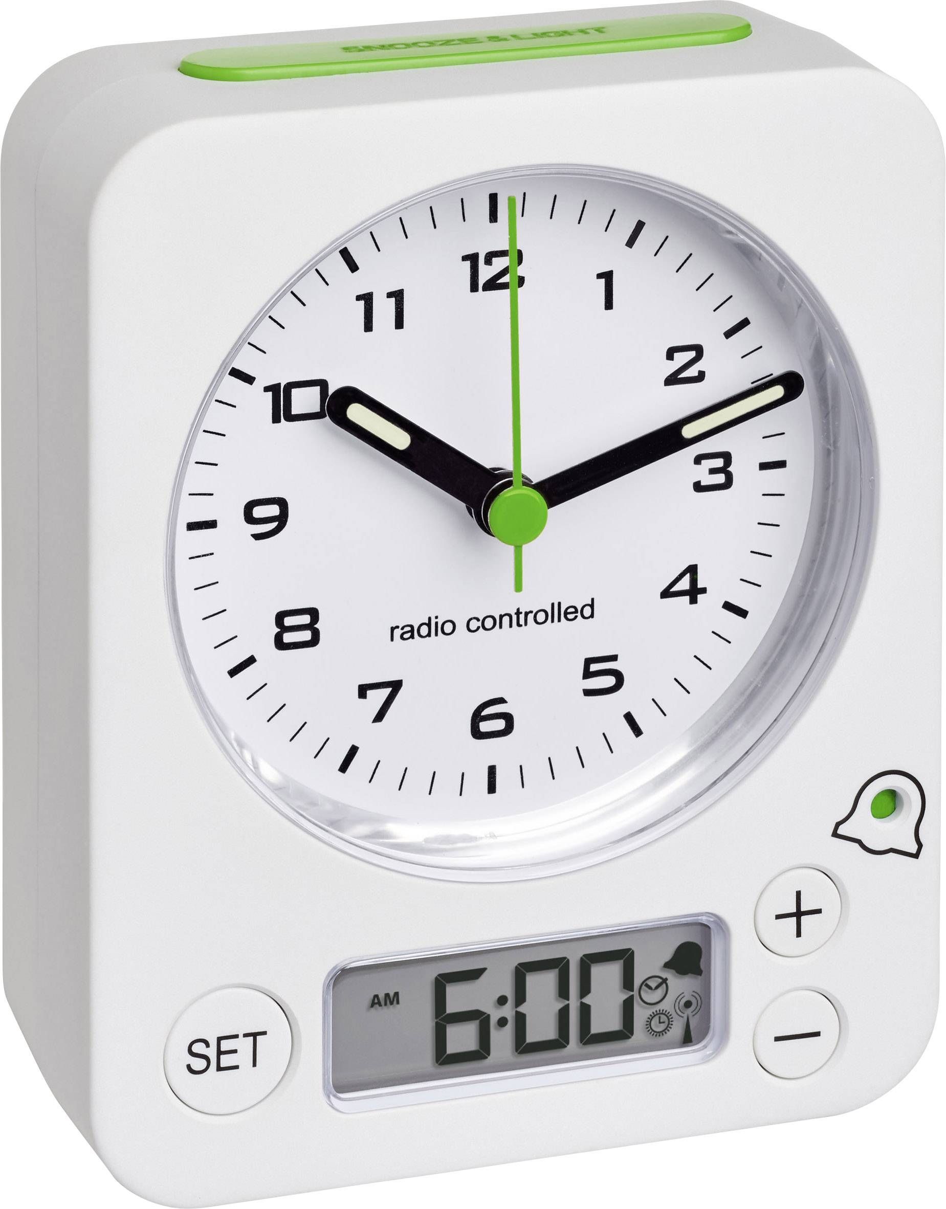 TFA Dostmann TFA 60.1511.02 Zendergestuurd Wekker Wit Fluorescerend Wijzers