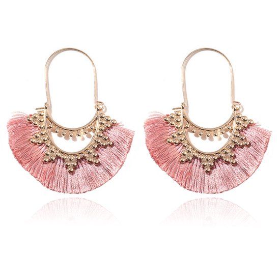 Deja Jewels Bohemian Goudkleurige Oorbellen met Roze Franje Waaierhangers