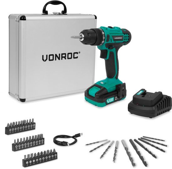 VONROC Accuboormachine 20V - 19 schroefstanden + boorstand - Incl. 2.0Ah accu, snellader en 46 accessoires in luxe koffer